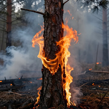 Forest fire. A burning tree trunk engulfed in intense orange flames, set against a backdrop of post-fire trees and thick smoke.