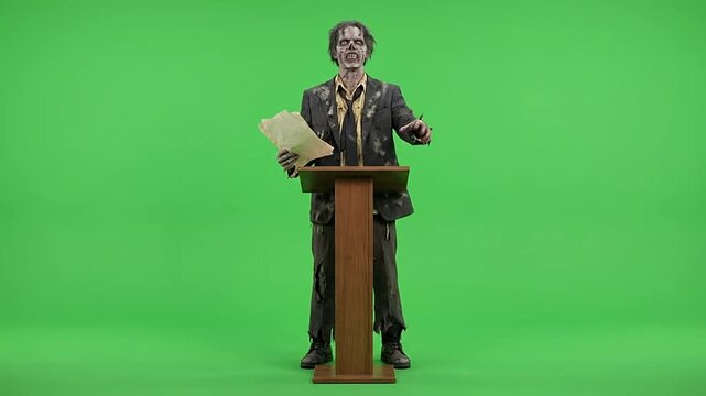 Halloween zombie businessman giving a speech on green screen