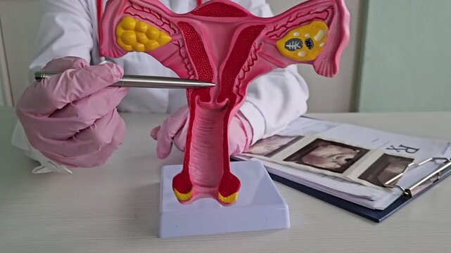 Medical demonstration of female reproductive anatomy using model