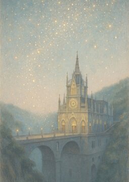 Dreamy castle under starry sky.