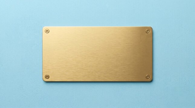 Blank rectangular brushed gold metal plaque with screws centered on a textured light cyan blue background
