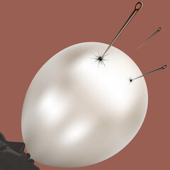 Fototapeta premium Minimalistyczna ilustracja konceptualna igieł przebijających nadmuchany balon, metafora kruchego ego i pękającej iluzji