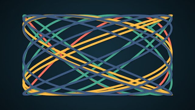 Abstract colorful interwoven ribbons forming a dynamic spherical shape in a dark background, motion graphic loop
