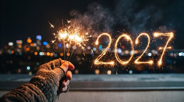 Couple toasting cocktails with 2027 candles at elegant new year dinner near christmas trees.....
