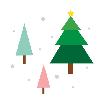 Simple winter forest design elements with falling snow on white background.