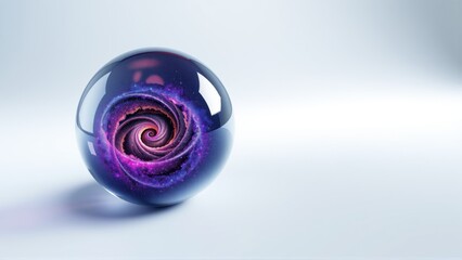 Fototapeta premium Glass sphere contains swirling galaxy. Purple, blue hues dominate. Dramatic lighting creates strong contrast, shadow. Minimalist composition.