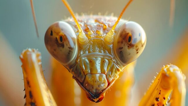 Close-up of a praying mantis head with large compound eyes