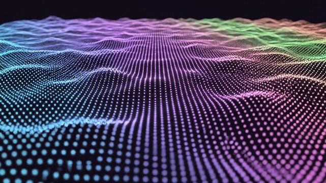 Abstract Waveform Soundscape: A vibrant digital visualization of sound waves, rendered with a gradient of glowing particles that ripple and undulate across a dark background.