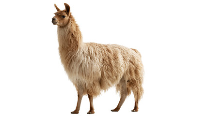 Full body side view of a fluffy beige alpaca standing with alert expression © Marit
