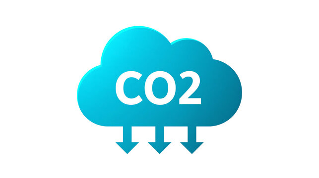 Blue cloud icon with CO2 text and downward pointing arrows
