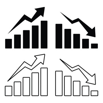 Set of black and white bar charts showing financial growth and decline trends for business data analysis