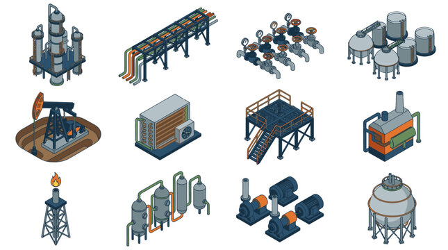 Professional Isometric of Industrial Oil and Gas Processing Equipment with Distinctive Colors with high quality professional line art symbols for modern creative design and digital branding projects
