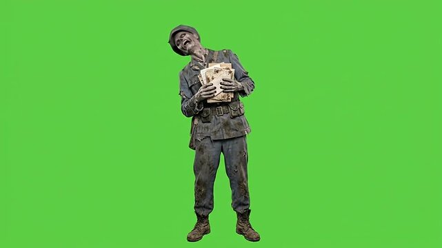 Halloween zombie soldier holding brain package on green screen