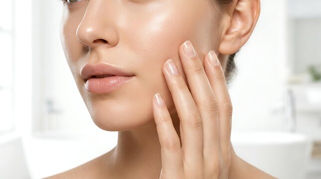 Close up of young woman with healthy glowing skin touching her face, beautiful glowing skin after skincare routine, and hydrated glowing skin texture in spa bathroom interior.