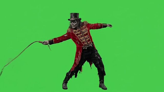 Halloween zombie ringmaster cracking whip on green screen