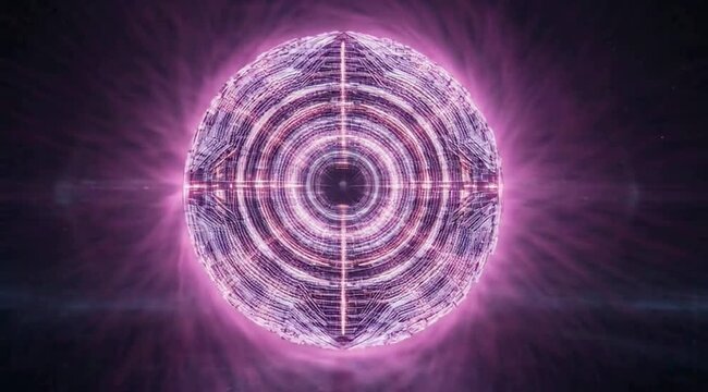 Abstract purple glowing sphere with futuristic geometric patterns and concentric circles pulsing light energy in dark space