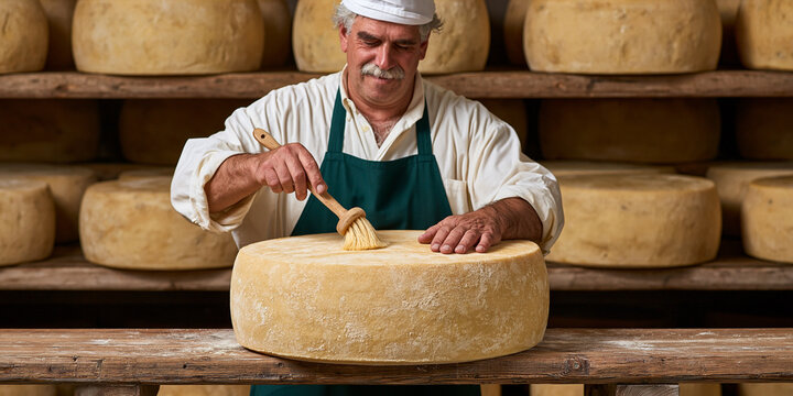 A cheesemaker carefully inspecting a large wheel of cheese, surrounded by shelves stacked high with more cheese wheels. He wears a traditional cap and apron, with a mustache and a focused expression