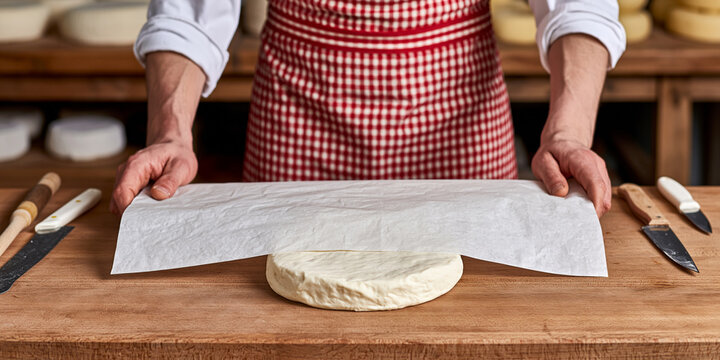 Cheese maker carefully wrapping a wheel of cheese in parchment paper on a wooden table