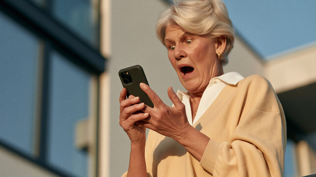 An elderly woman with short blonde hair gasps in surprise while looking at her smartphone. She is wearing a beige jacket and stands outside with a modern building in the background