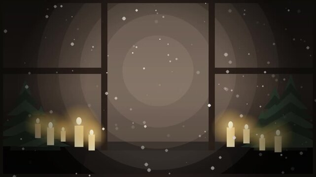 Cozy christmas window view with glowing candles and falling snow animation winter holiday