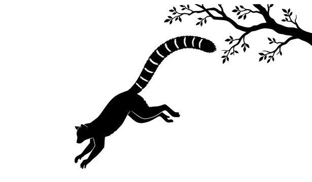 Agile wild lemur bounding from tree branch minimalist vector silhouette