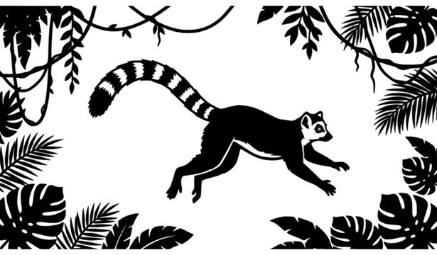 &bull; Leaping ring tailed lemur silhouette with jungle vines wildlife vector graphic