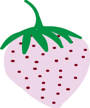 White strawberry pineberry cartoon doodle illustration with bright green leaves, long stem, and dark red seeds, hand- drawn rare summer fruit clipart isolated for stickers, cards, and decoration