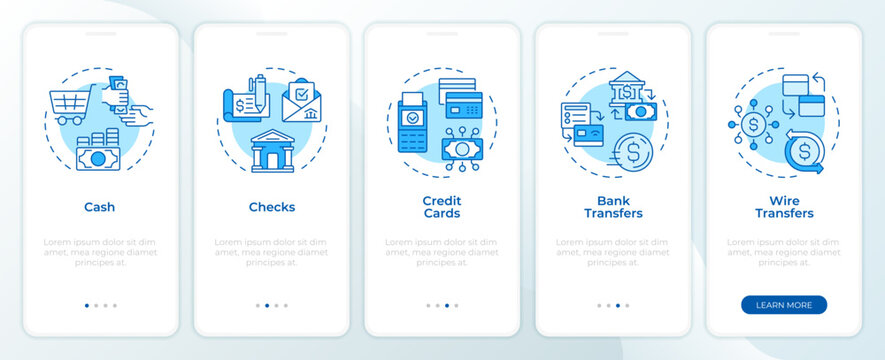 Preferred payment options monochrome blue onboarding mobile app screen. Alternative capital transfer paths. UI UX walkthrough 5 steps. Editable graphic instructions with linear concepts