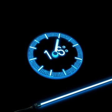 Futuristic blue glowing clock and neon light tube in the dark