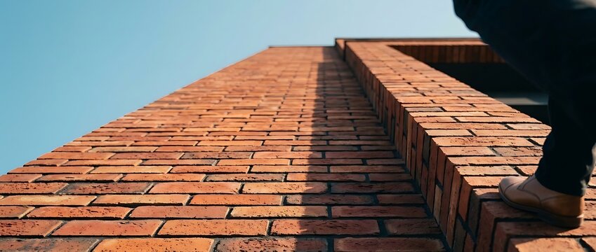Low angle view of a person in professional brown leather shoes standing on the edge of a high red brick building ledge against a clear blue sky, symbolizing success, perspective, and achievement.