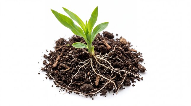 Small green plant growing from dark soil with visible roots