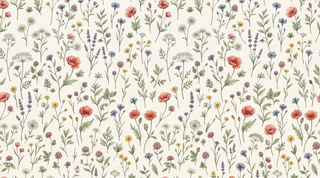 Seamless floral pattern featuring delicate wildflowers, tiny daisies, poppies, lavender and small green leaves 
