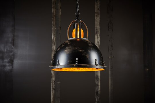 Distressed black metal industrial pendant lamp, hanging in a modern interior, casting a warm glow from its vintage edison bulb, creating an atmosphere of retro chic design and ambient lighting