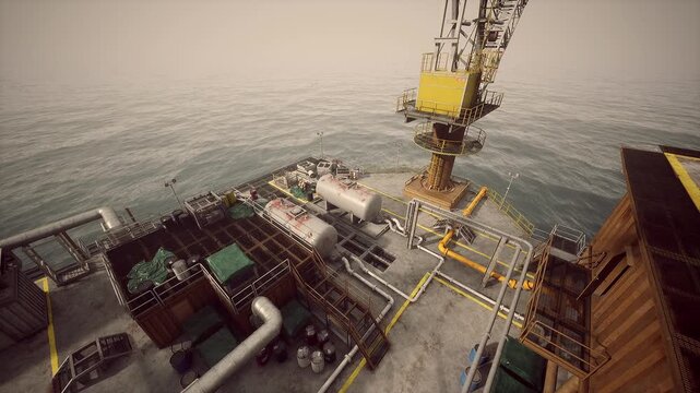 Heavy equipment and piping create a web of functionality on this offshore platform. The calm sea stretches out below, hinting at a busy maritime industry in the backdrop.