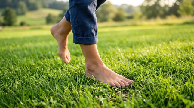Bare feet walking on lush green grass field.