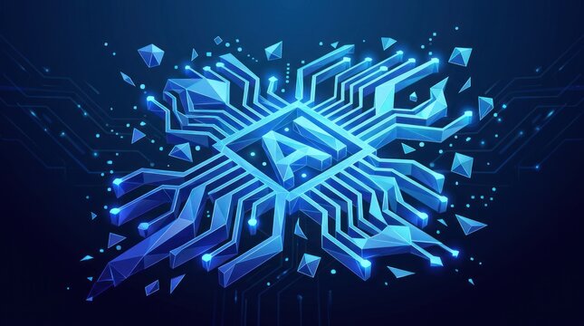 Blue futuristic AI artificial intelligence logo on circuit board background.