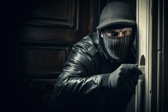 Masked burglar in a black leather jacket and gloves, stealthily opening a door and peeking into a room, symbolizing concepts of crime, theft, home invasion, and a threat to personal security