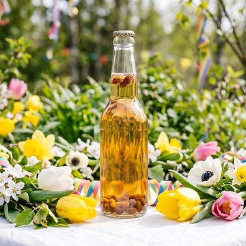 Traditional Finnish Sima: A clear glass bottle of sparkling lemon and raisin Sima ale, resting on a white tablecloth surrounded by spring flowers, bright festive May Day aesthetic.