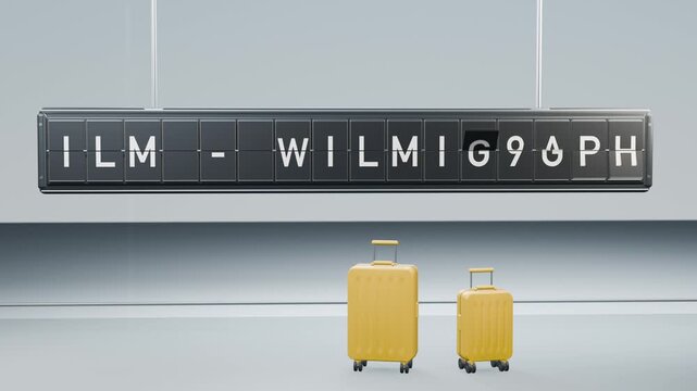 Split-flap airport board revealing ILM Wilmington beside yellow luggage, 3D animation