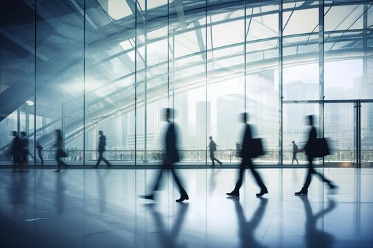 Business people walking through a contemporary office or airport interior, motion blur creating a dynamic visual of busy professionals moving forward in a modern architectural space