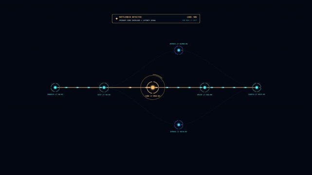 Premium 2.5D network topology motion graphic overlay showing data packet congestion, bottleneck detection, and intelligent traffic rerouting 
