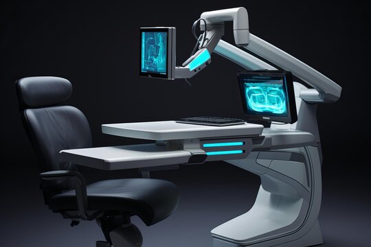 Modern medical console featuring multiple screens showing abstract scientific data, a keyboard, and an ergonomic chair, highlighting advanced technology in surgical and diagnostic applications