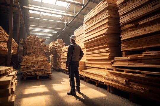 Worker in safety helmet inspecting large stacks of timber, lumber, and wood planks in a spacious industrial warehouse, managing forestry resources and construction materials supply chain