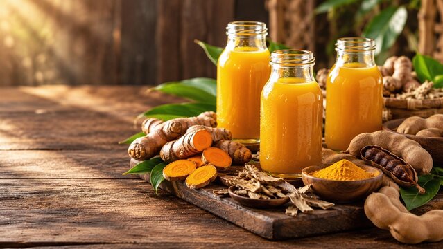 Traditional Indonesian jamu herbal beverages in clear glass bottles surrounded by fresh turmeric, tamarind and botanical ingredients on a rustic wooden table with warm natural lighting.