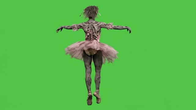 Scary halloween zombie ballerina dancing on green screen background