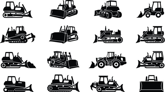 Bulldozer and Heavy Construction Equipment Icon Set with Tractor Loader Silhouette Vector Collection