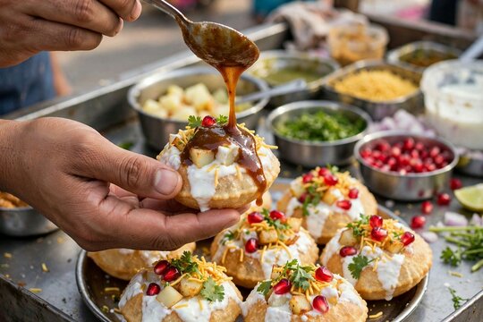 Street vendor drizzling tamarind chutney over dahi puri chaat topped with pomegranate coriander and sev