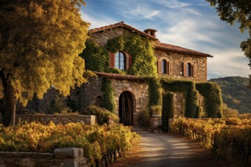 Fototapeta premium Historic stone villa enveloped in green ivy, standing amidst golden autumn vineyards under a bright sky, embodying the rustic beauty of the italian countryside and a traditional winery setting