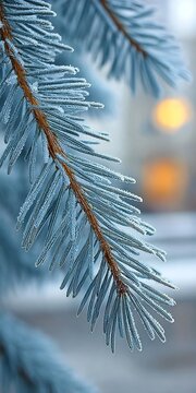 Close up View of Blue Spruce Tree Branch Covered in Winter Frost and Snow for Cold December Season