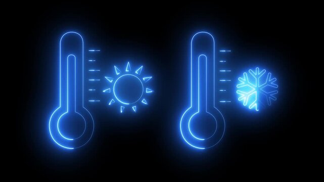 glowing neon hot and cold thermometer icon isolated on black background. Hot Sun and Cold Snowflake Symbols. representing hot and cold temperature conditions for universal climate. 4k video animation.